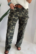 Green camouflage print cargo denim pants front view on model