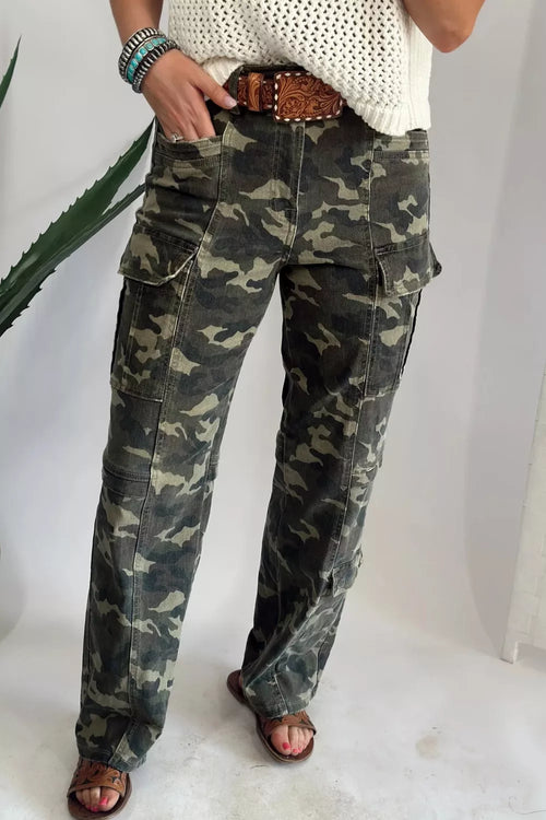 Green camouflage print cargo denim pants front view on model