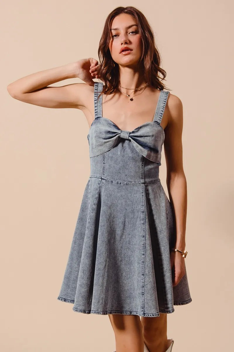 Mineral washed denim flare dress front view