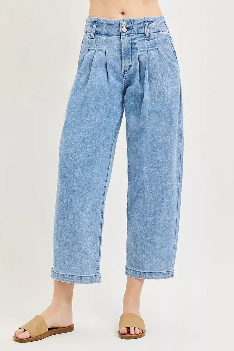 RISEN slouchy crop barrel jeans with pleats front view