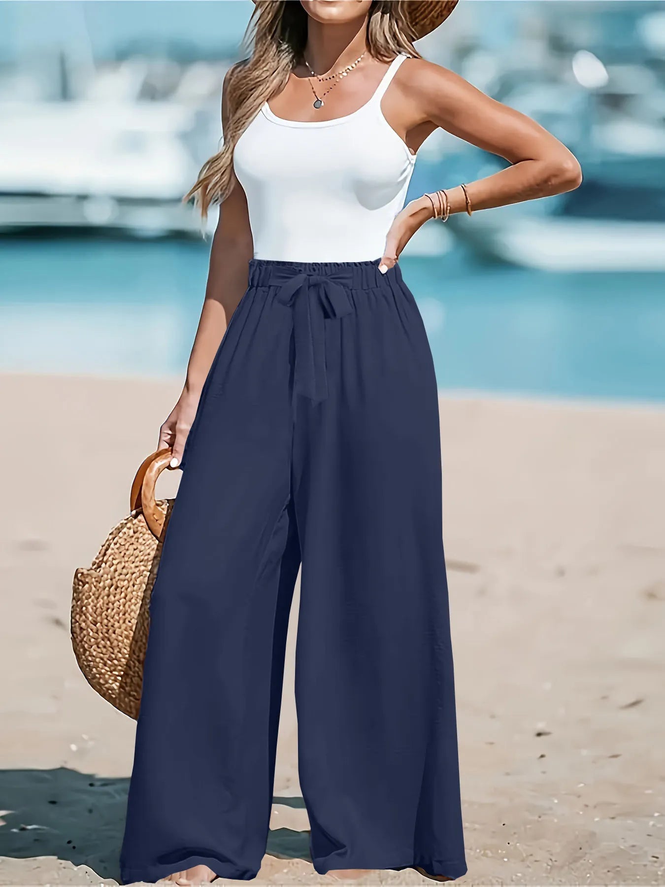 Wide leg pants drawstring waist detail