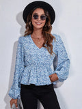 Floral V neck peplum blouse front view