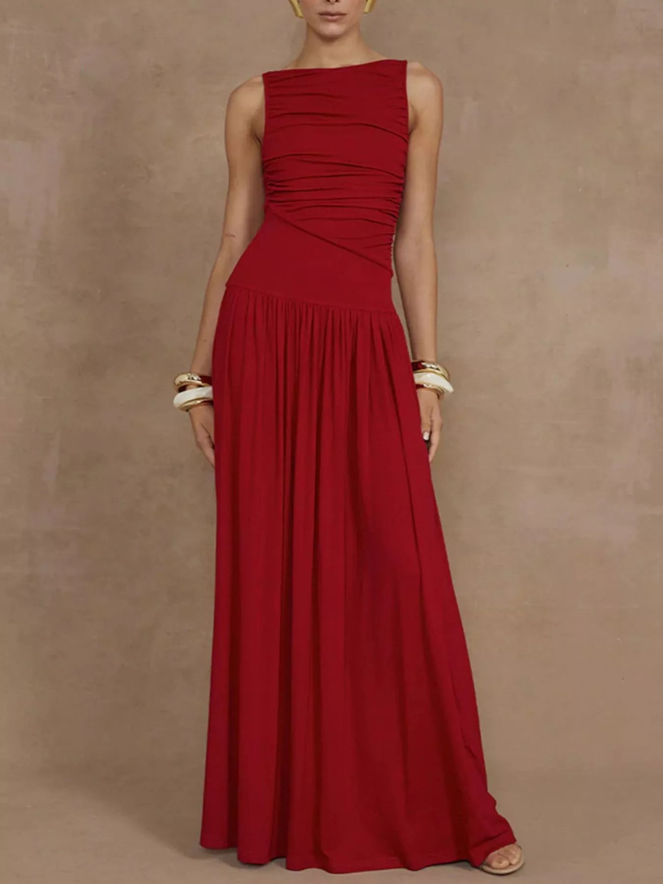 Fitted ruched maxi dress standing pose
