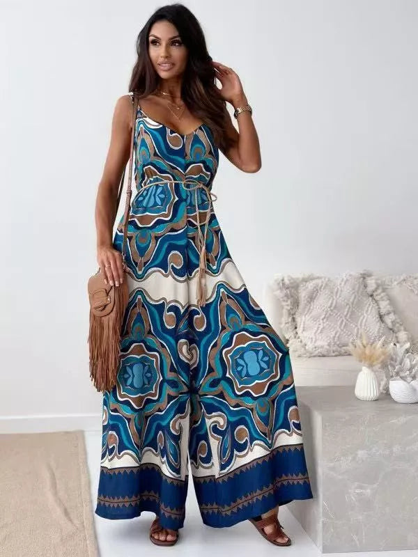 Peacock blue printed jumpsuit full view