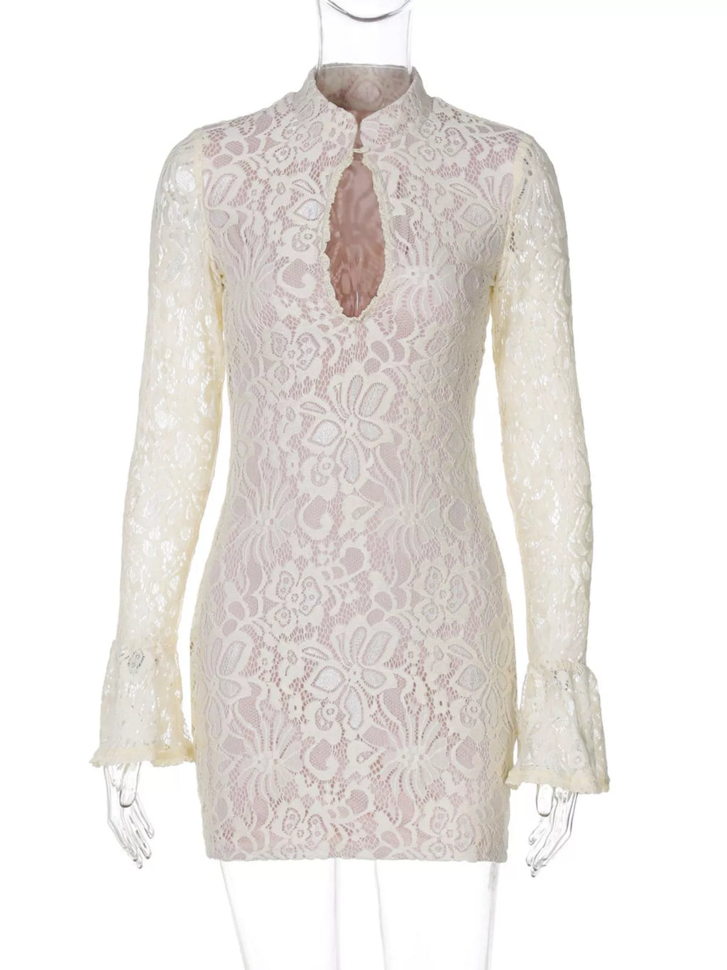 Burgundy lace cutout long sleeve mini dress full length view