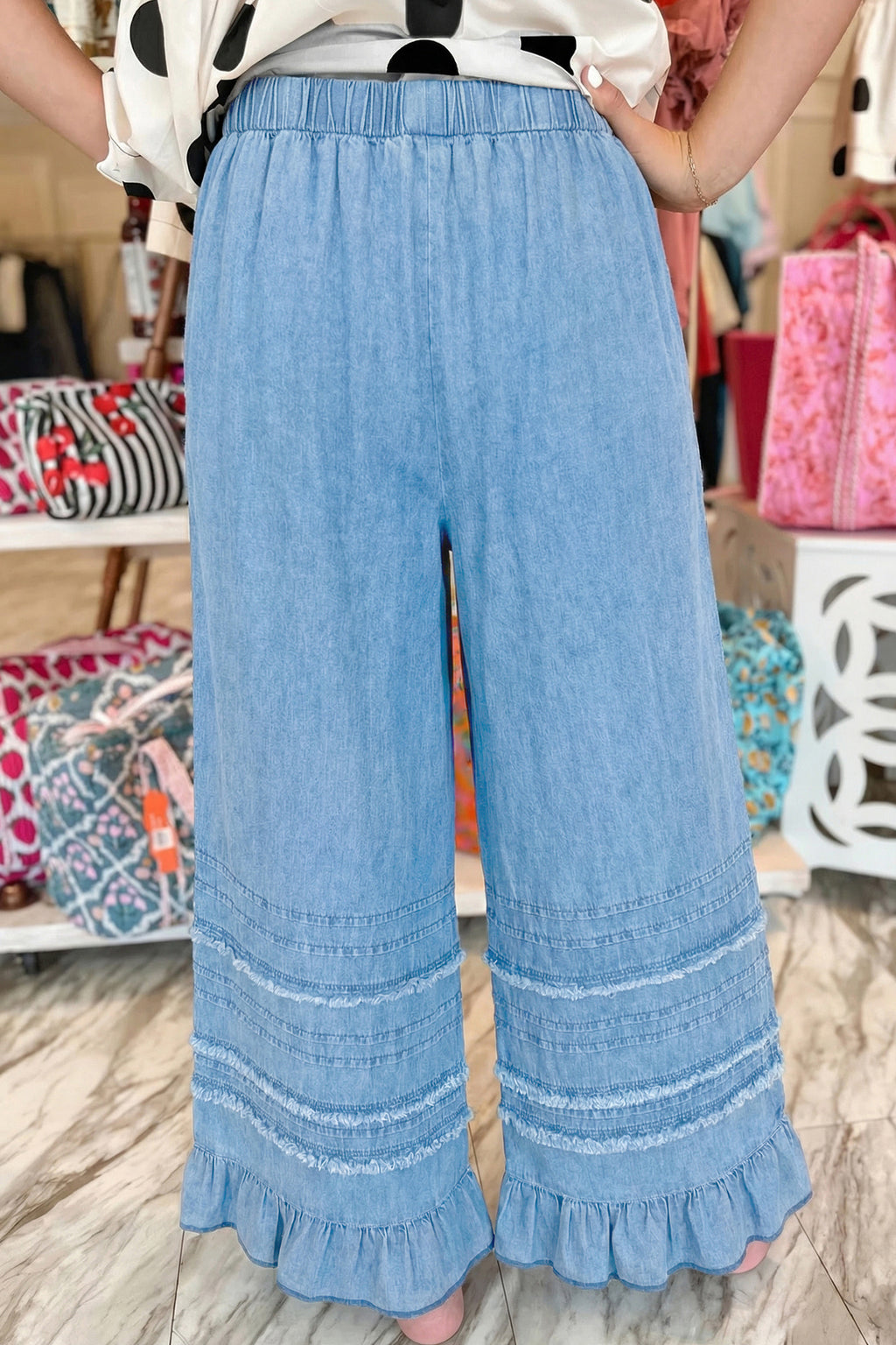 Beau Blue Ruffled Hem Wide Leg Chambray Pants