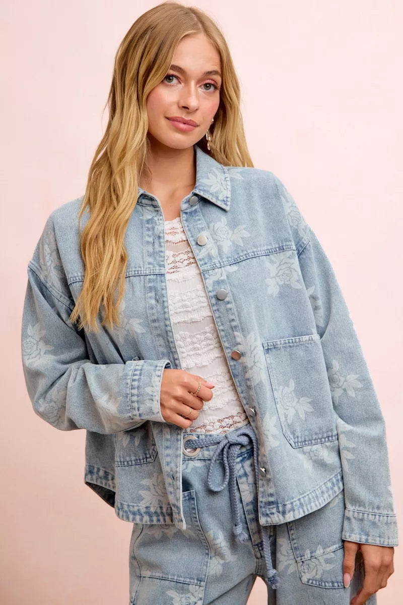 Floral denim jacket back view
