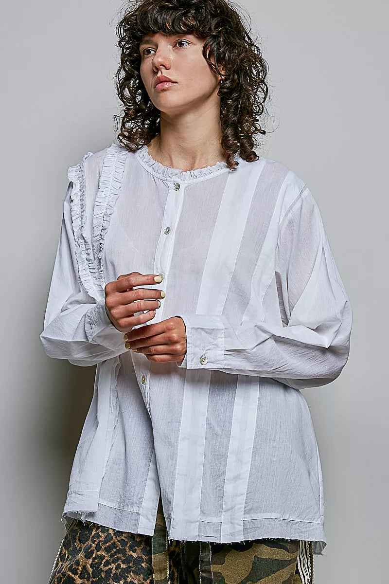 Ivory woven shirt round neckline ruffle detail