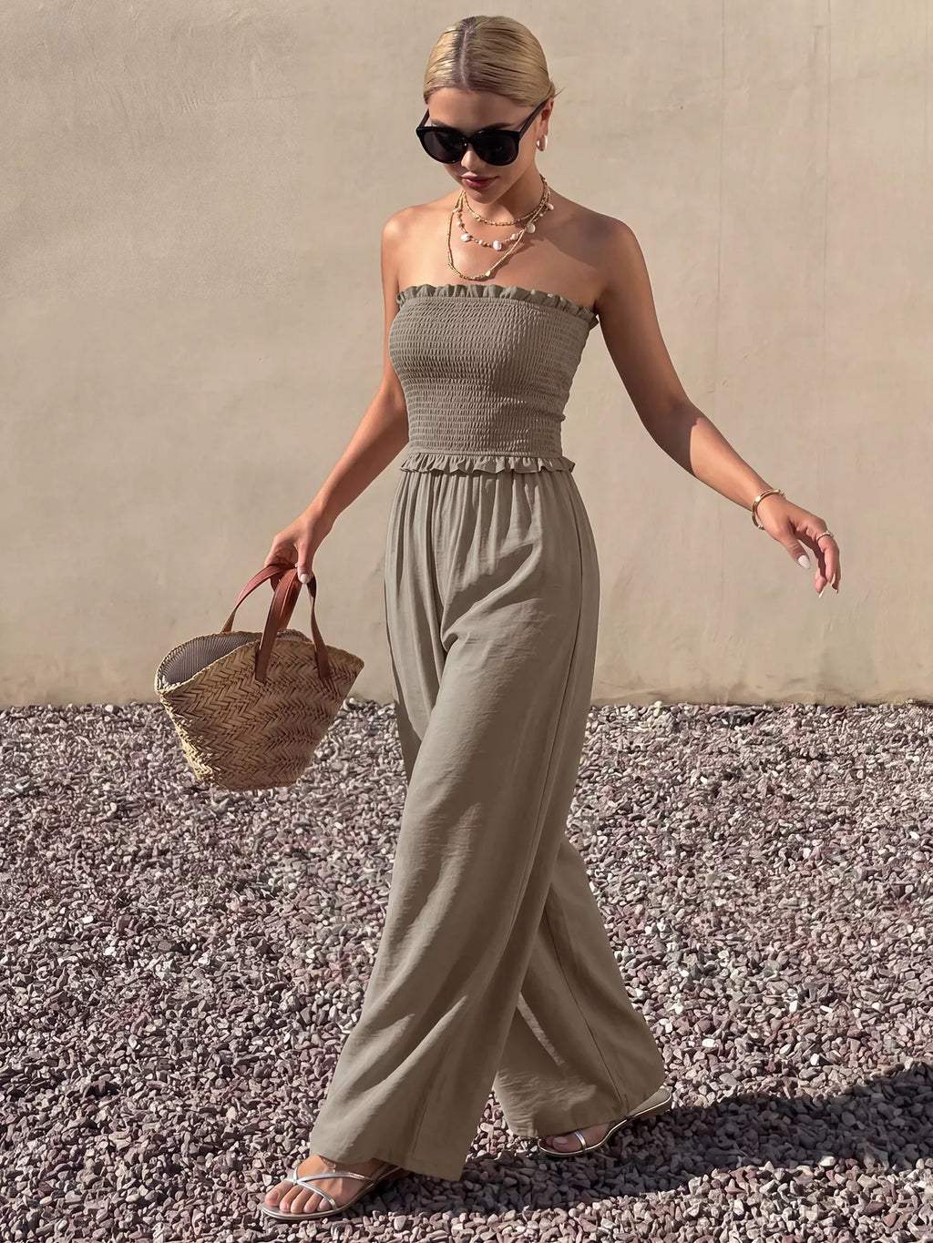 Smocked bodice detail on strapless jumpsuit