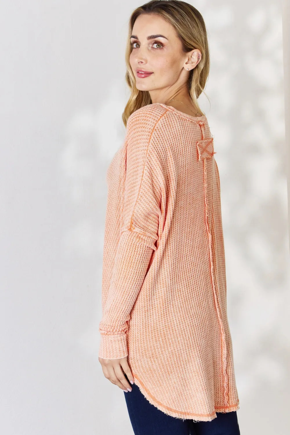 Washed waffle knit top side view detail
