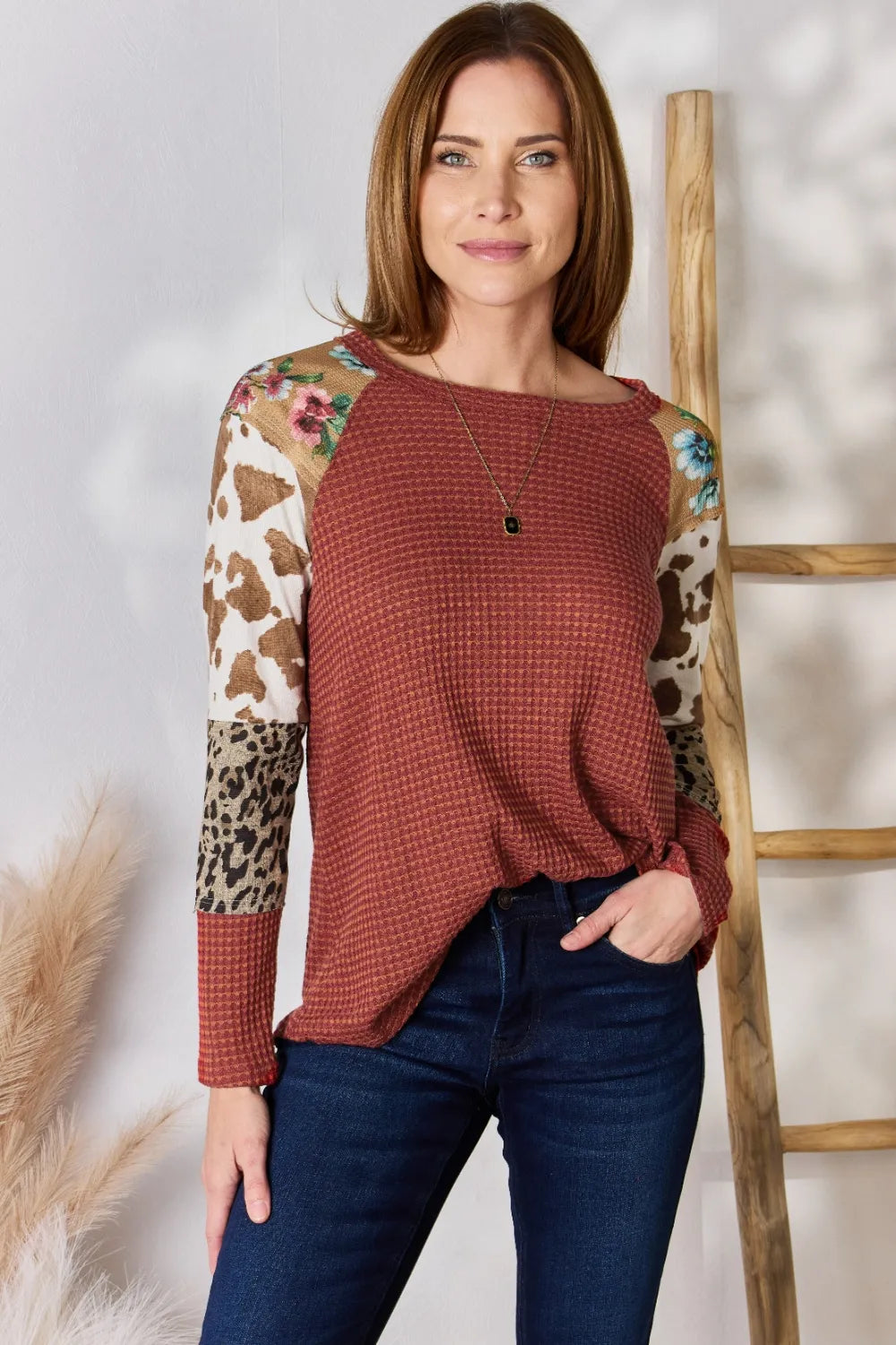 Leopard waffle knit blouse sleeve detail