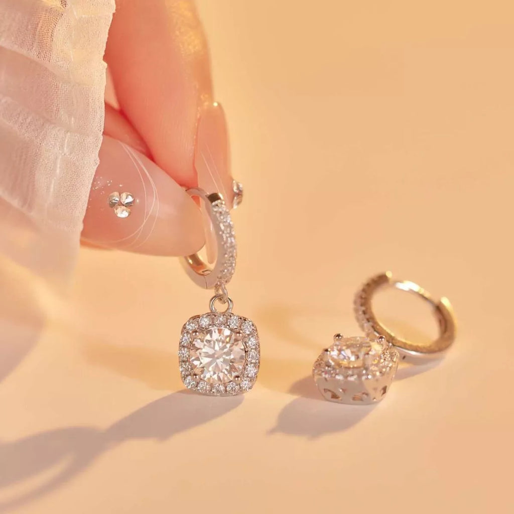 1 carat moissanite hoop drop earrings detail close up