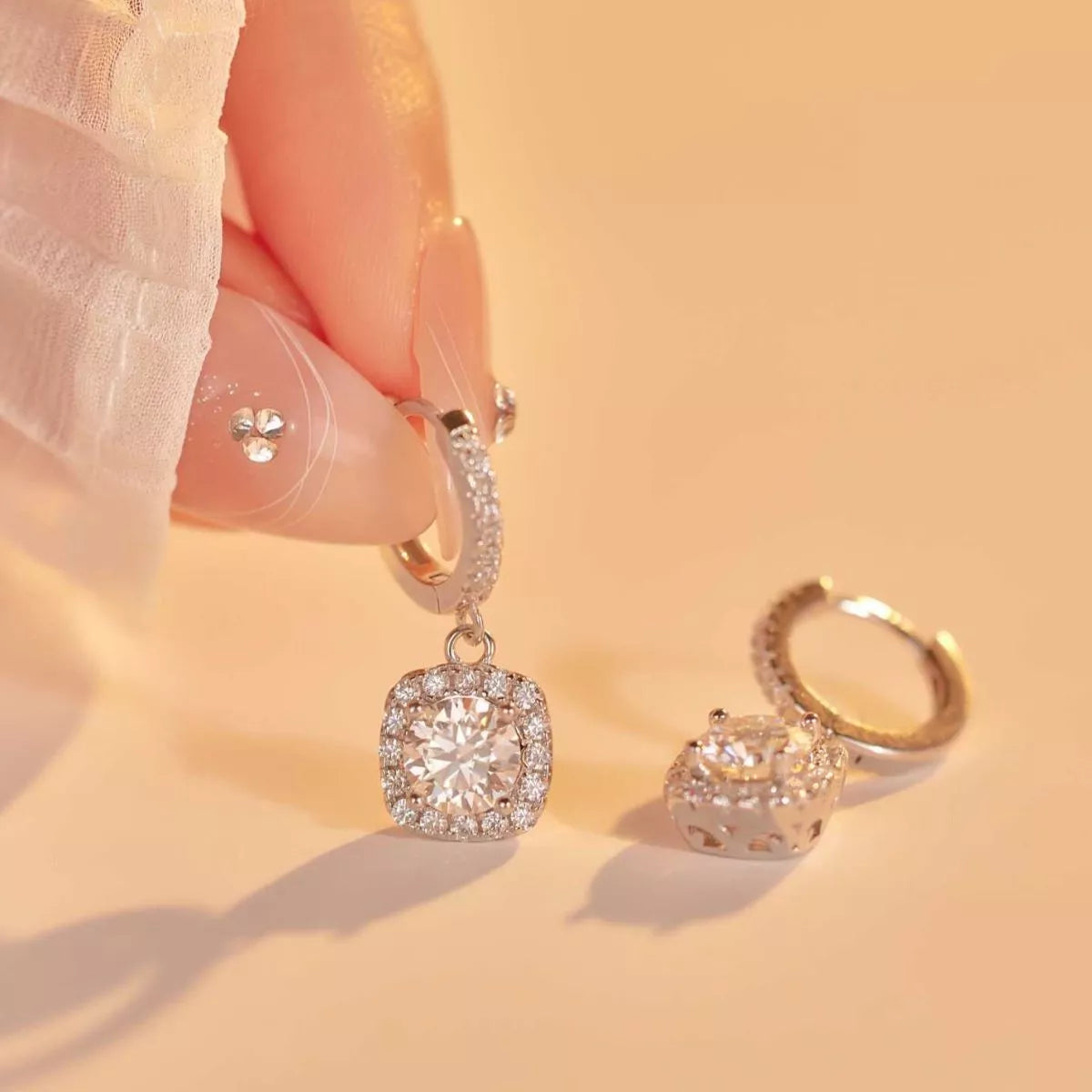 1 carat moissanite hoop drop earrings detail close up