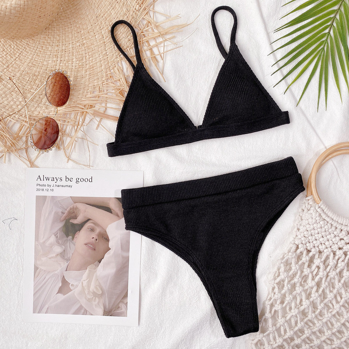 Ribbed bikini set black color styled
