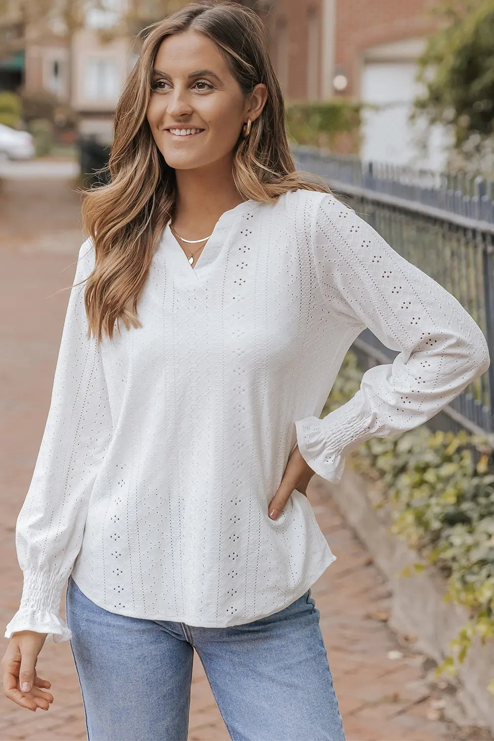 Notched neckline blouse openwork detail