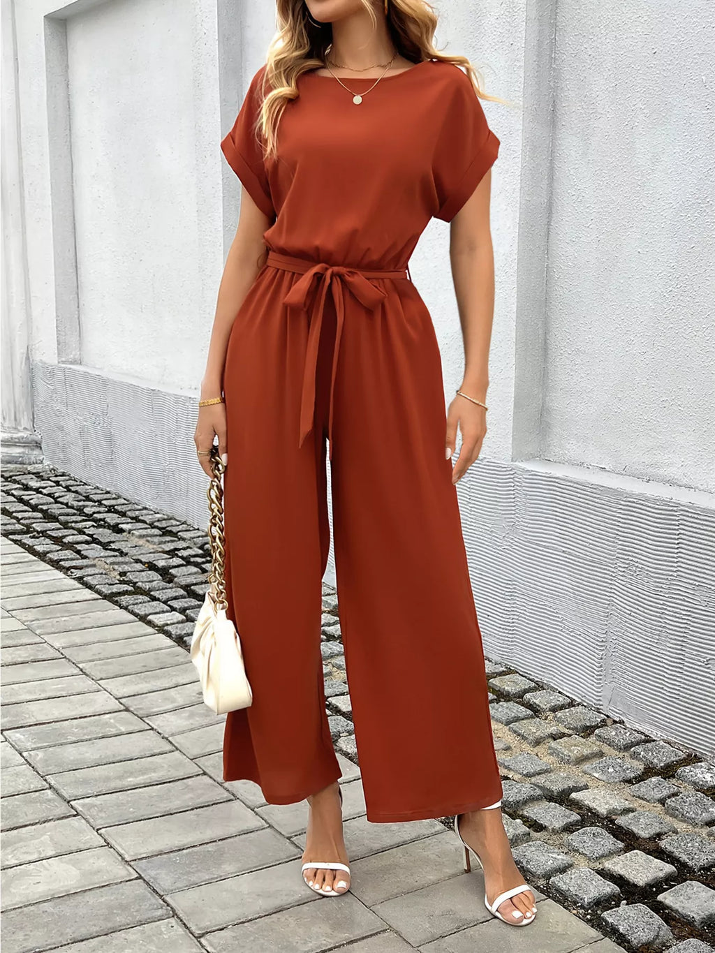 Tie waist wide leg jumpsuit front view