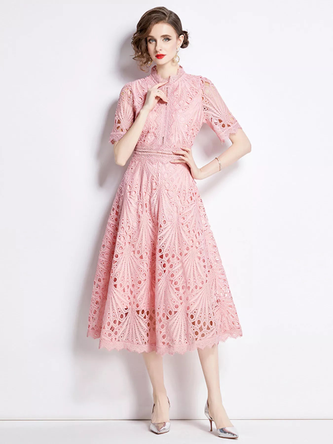 Green lace short sleeve midi dress full length view