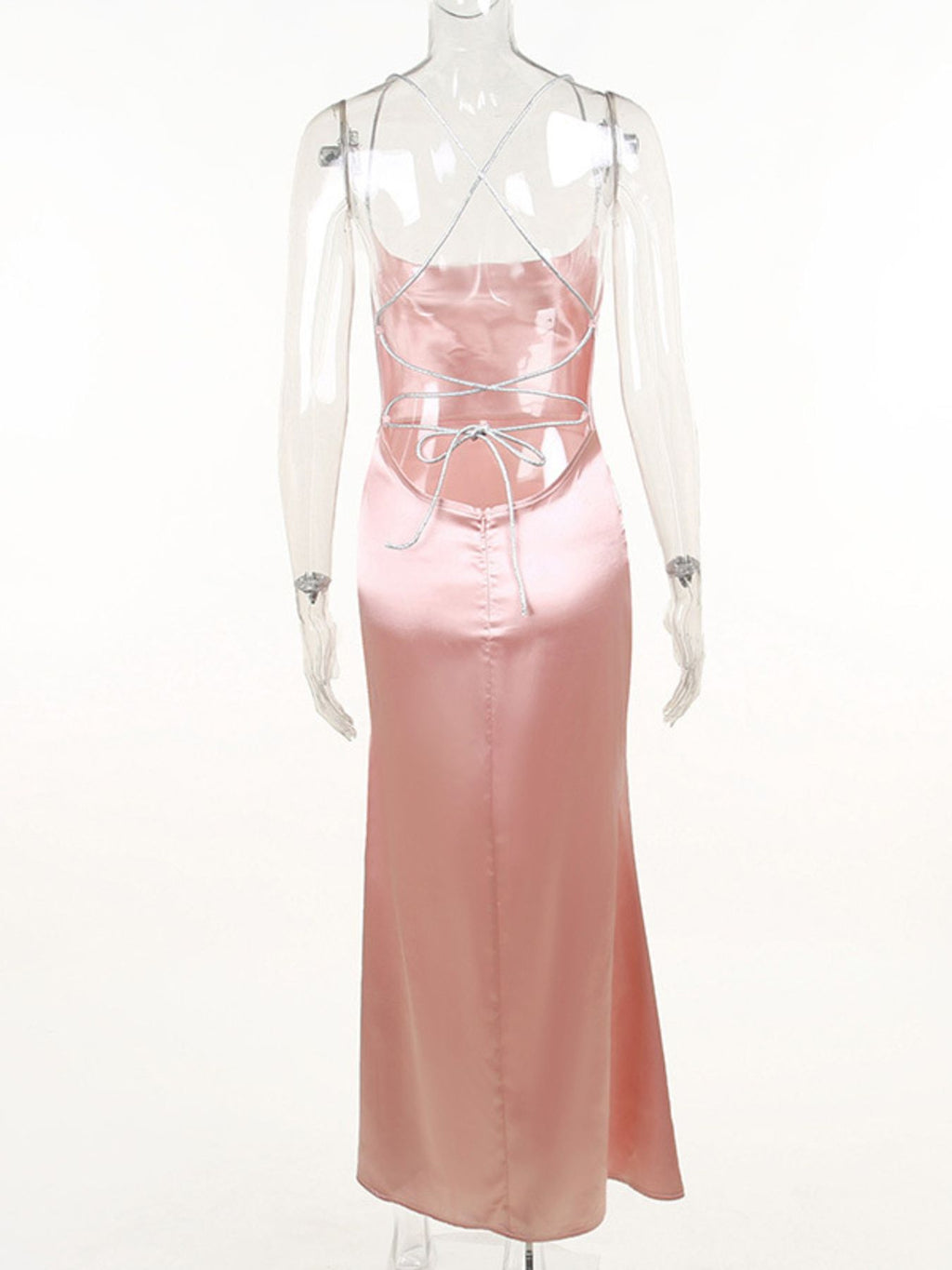 Satin high slit lace up dress styled with heels