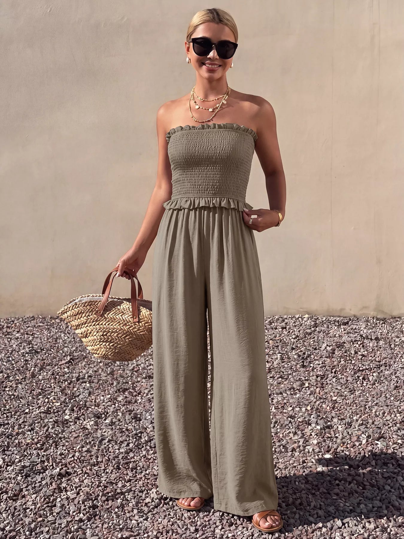 Brown wide leg jumpsuit side view