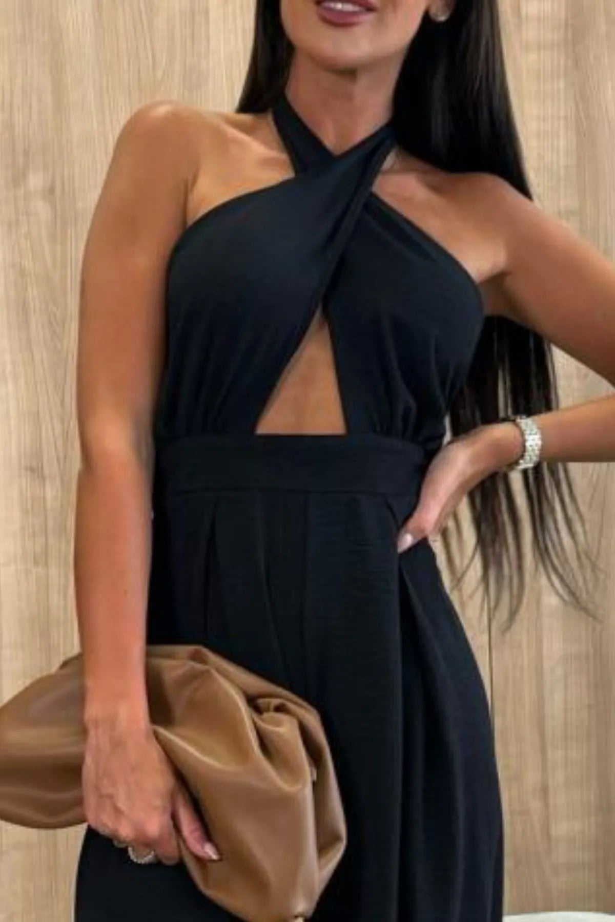 Black backless jumpsuit crisscross back detail