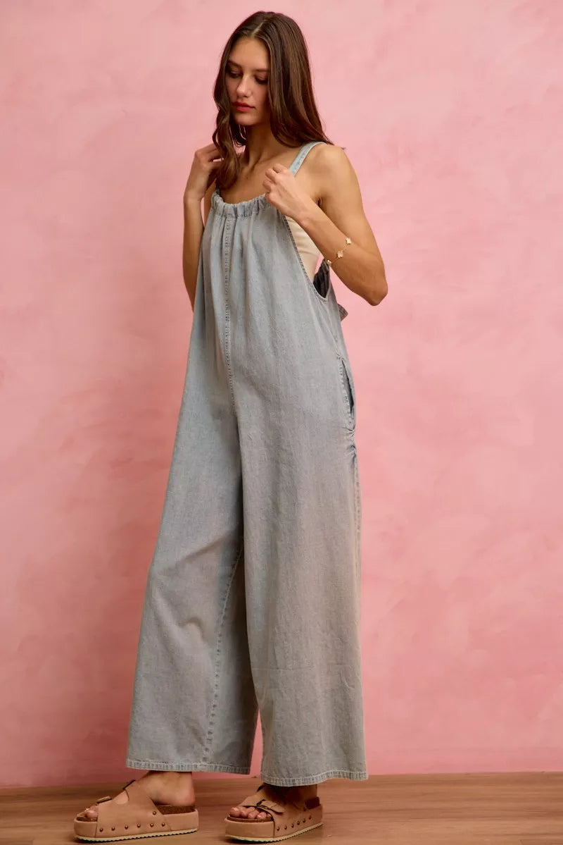 Casual denim overalls front bib and pocket view