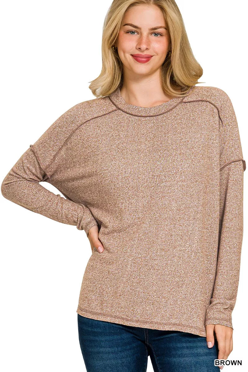 Melange hacci exposed seam hi low tee front view in brown