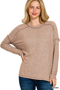 Melange hacci exposed seam hi low tee front view in brown