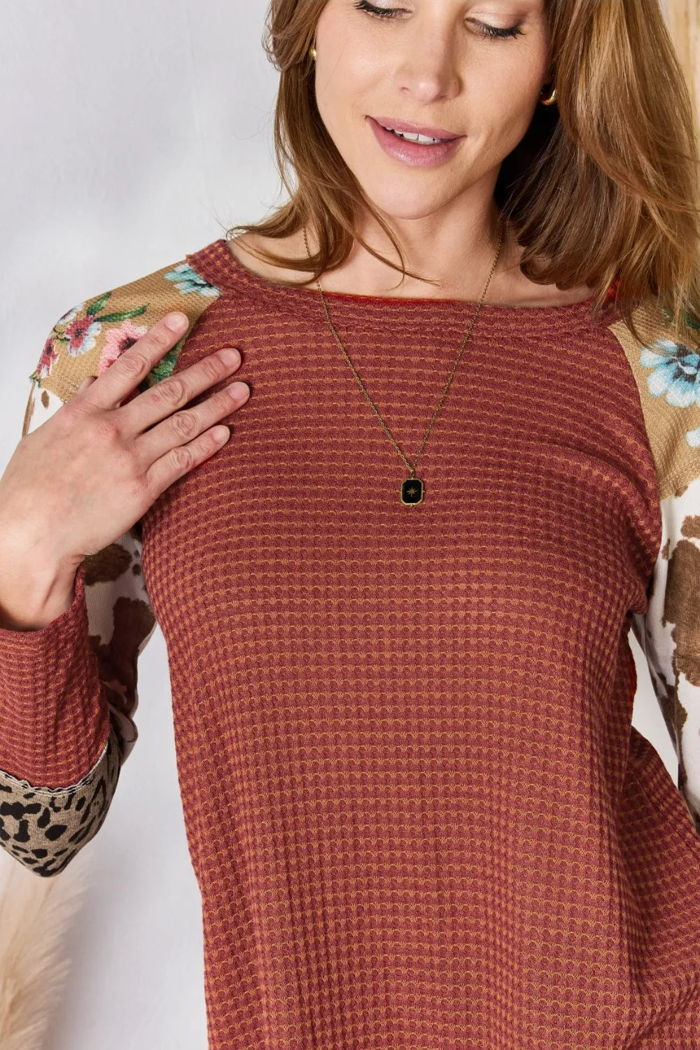 Stretchy leopard waffle knit blouse styled look