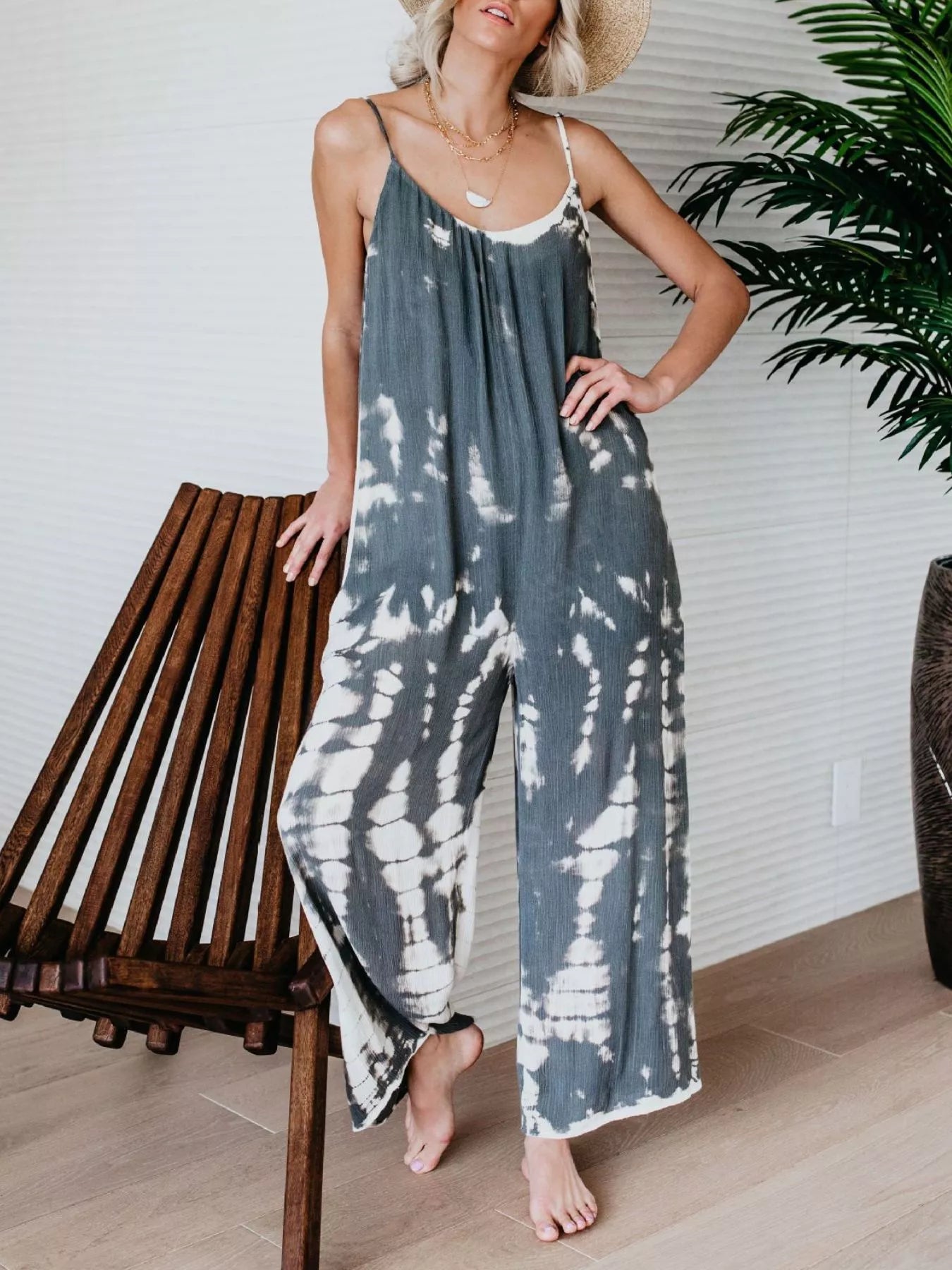 Tie dye wide leg jumpsuit styled with sandals