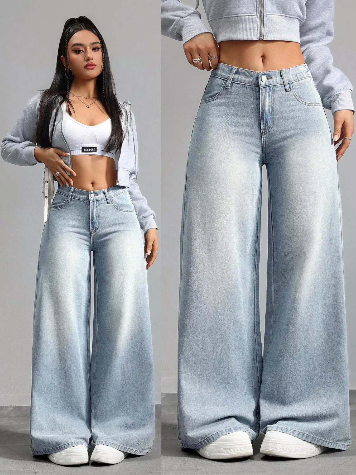Wide leg silhouette of light blue jeans