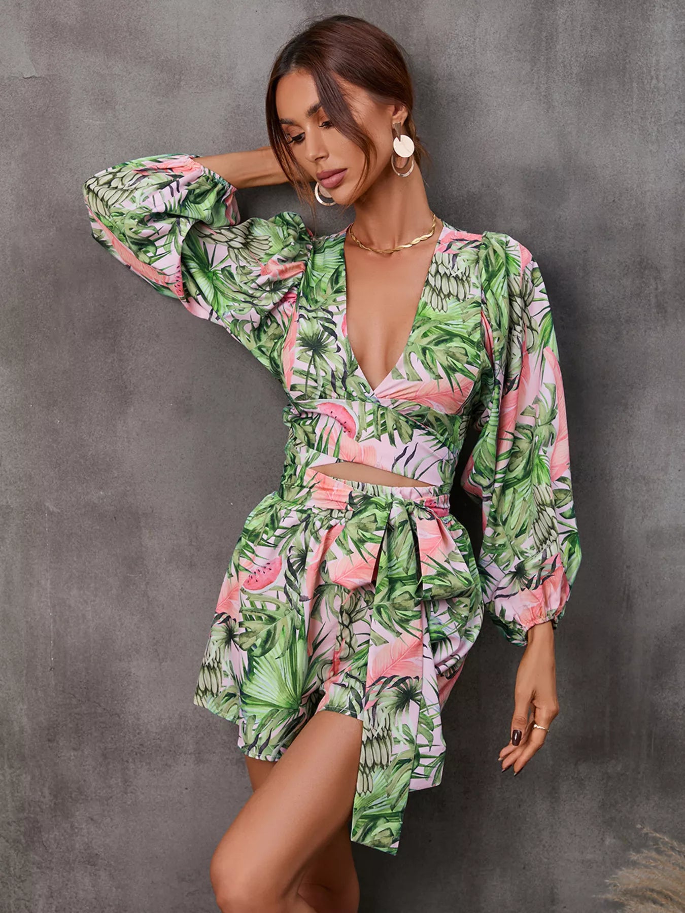 Belted cutout romper front cutout close up