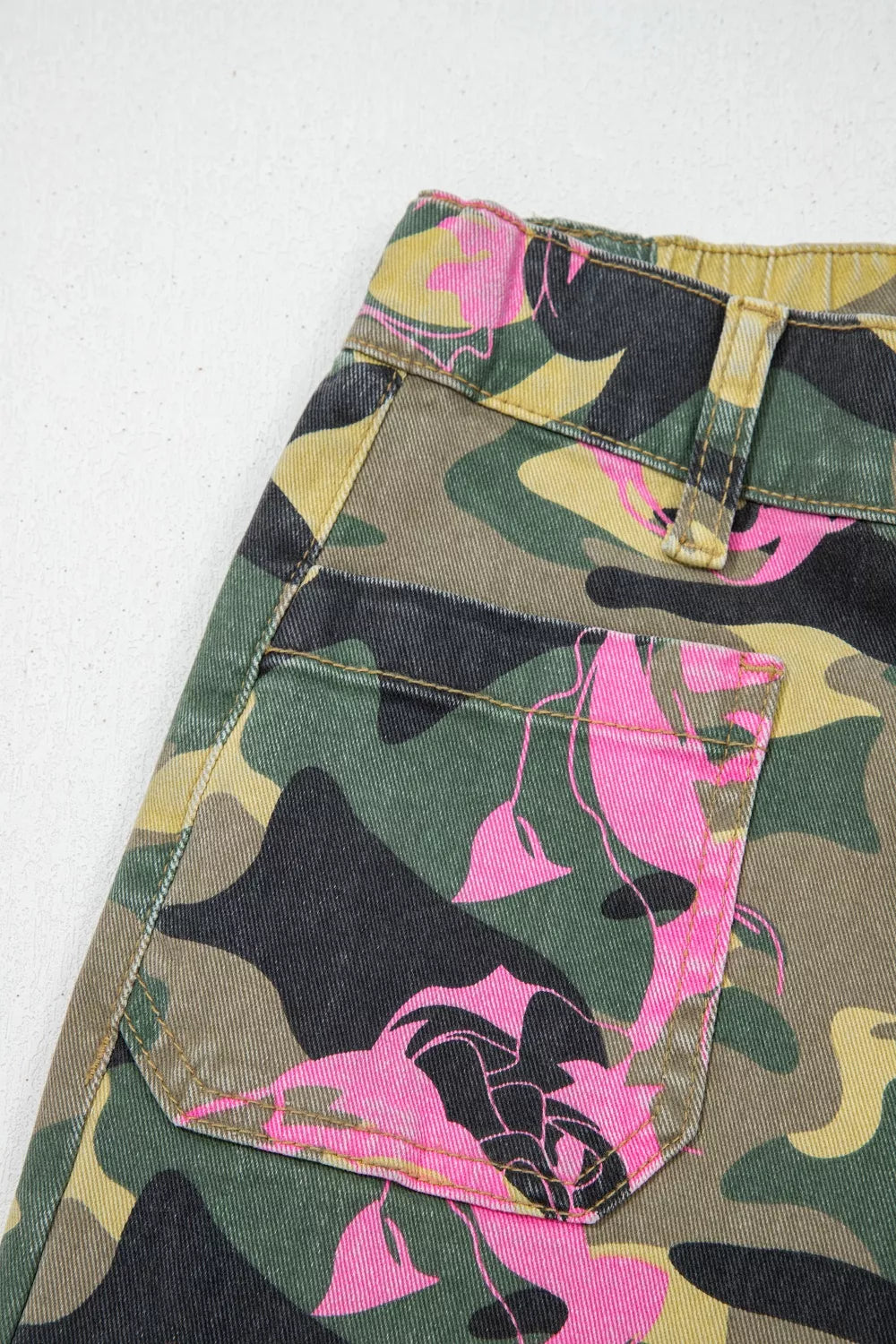 Army green patchwork jeans full length view