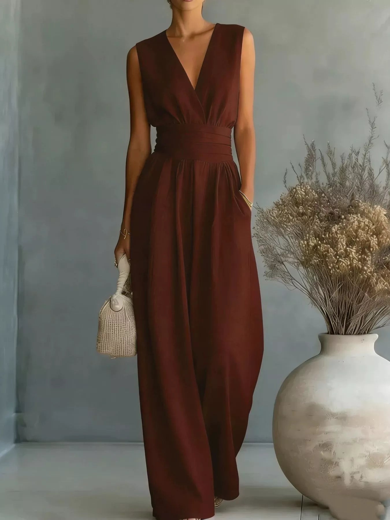 Wide leg jumpsuit yellow color on model