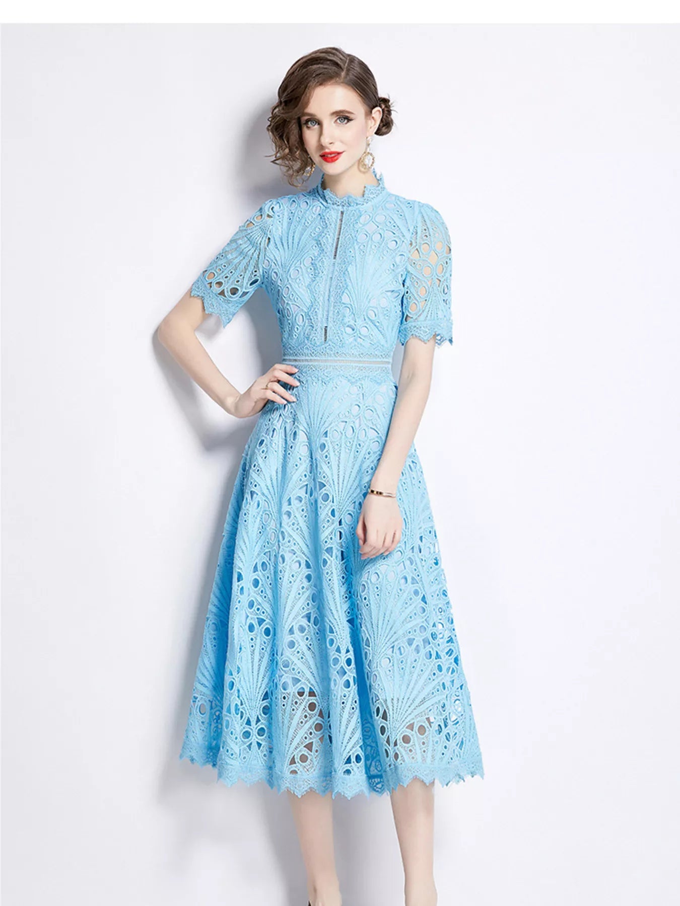 Bean green lace midi dress on model