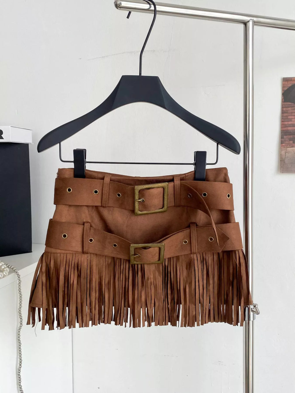 Fringe belted mini skirt front view