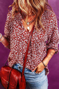 Cerise printed tie neck balloon sleeve blouse front view