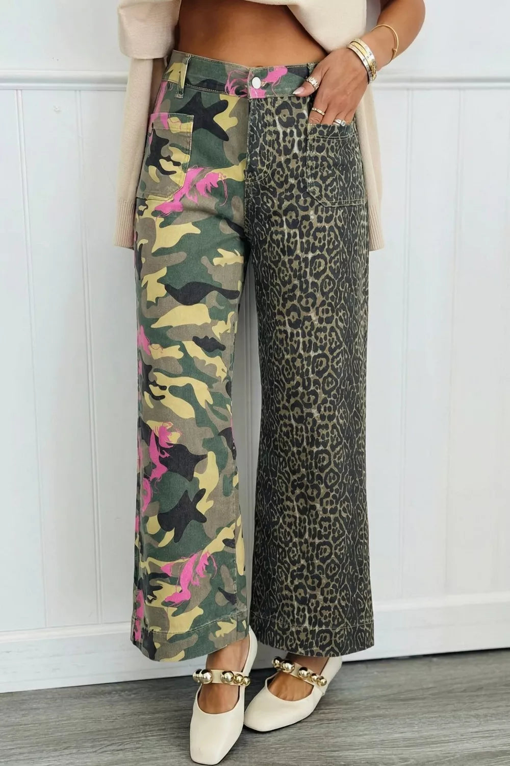 Retro floral leopard patchwork jeans front view on model