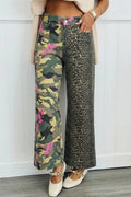 Retro floral leopard patchwork jeans front view on model