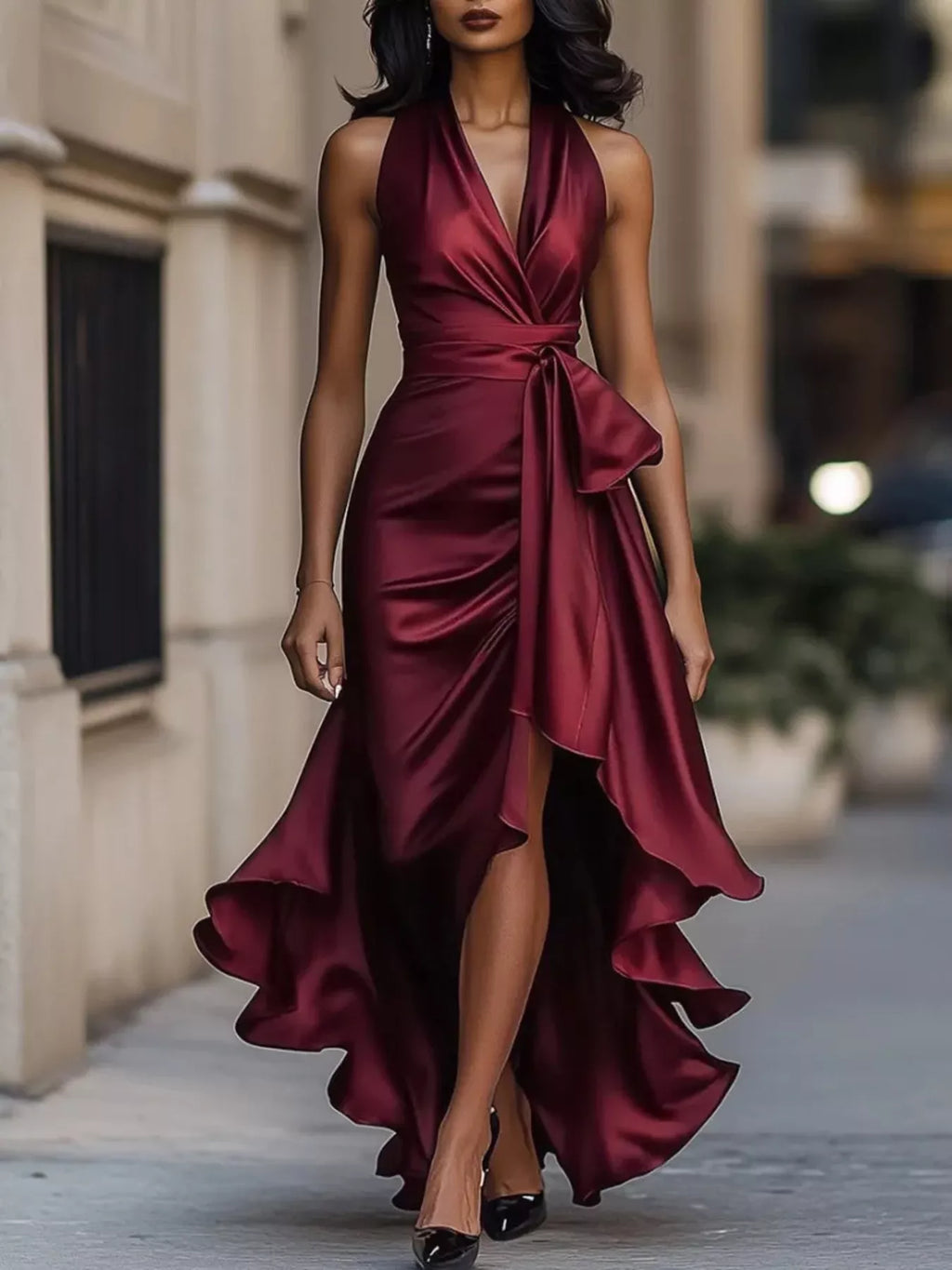 High low ruffled satin maxi dress front view