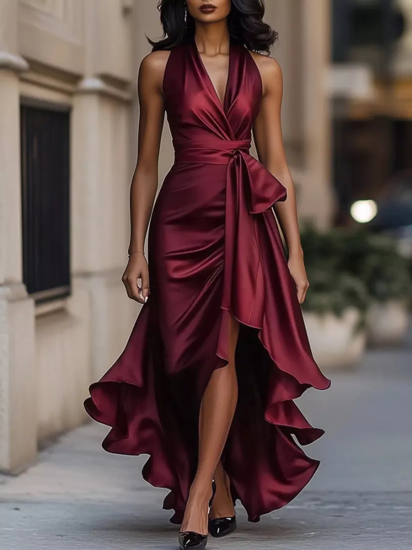 High low ruffled satin maxi dress front view