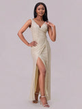 Slit sequin surplice sleeveless maxi dress in champagne front view