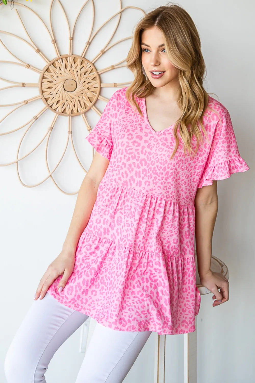 Leopard ruffle trim short sleeve top full length view