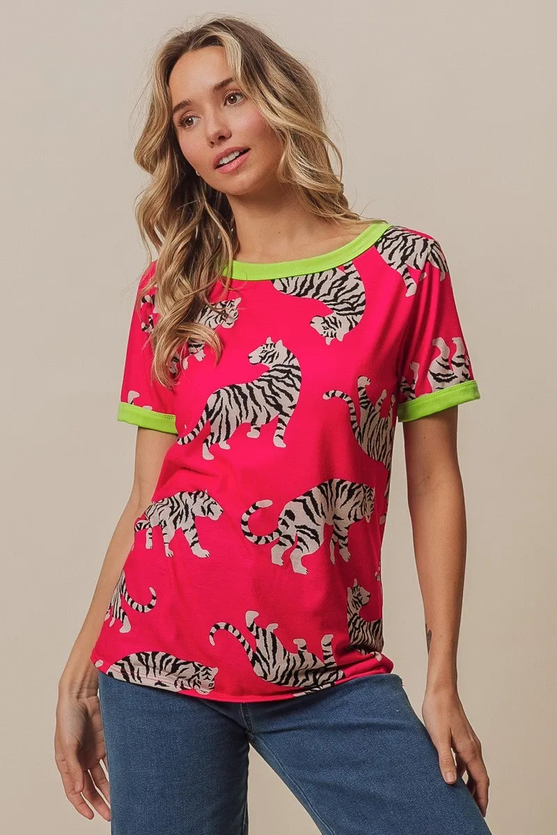 Tiger graphic ringer tee side view
