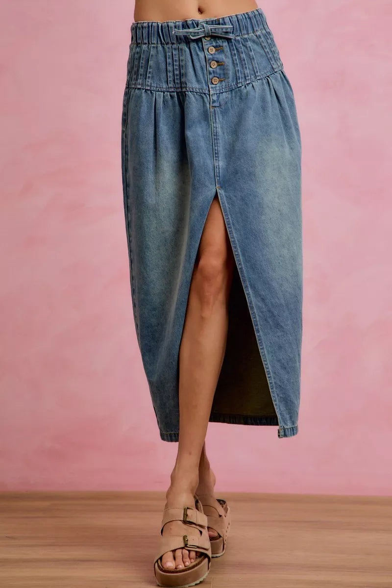Pleated washed denim skirt with front slit front view