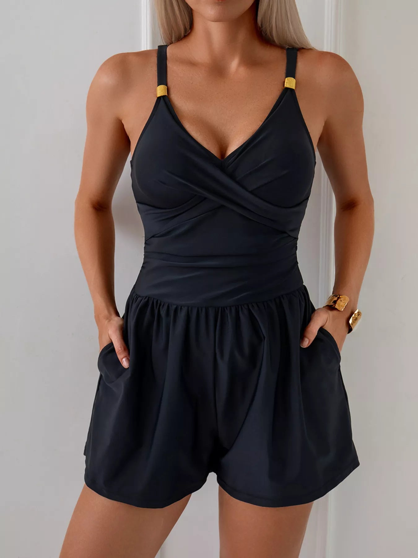 Army green v neck one piece swimsuit front view