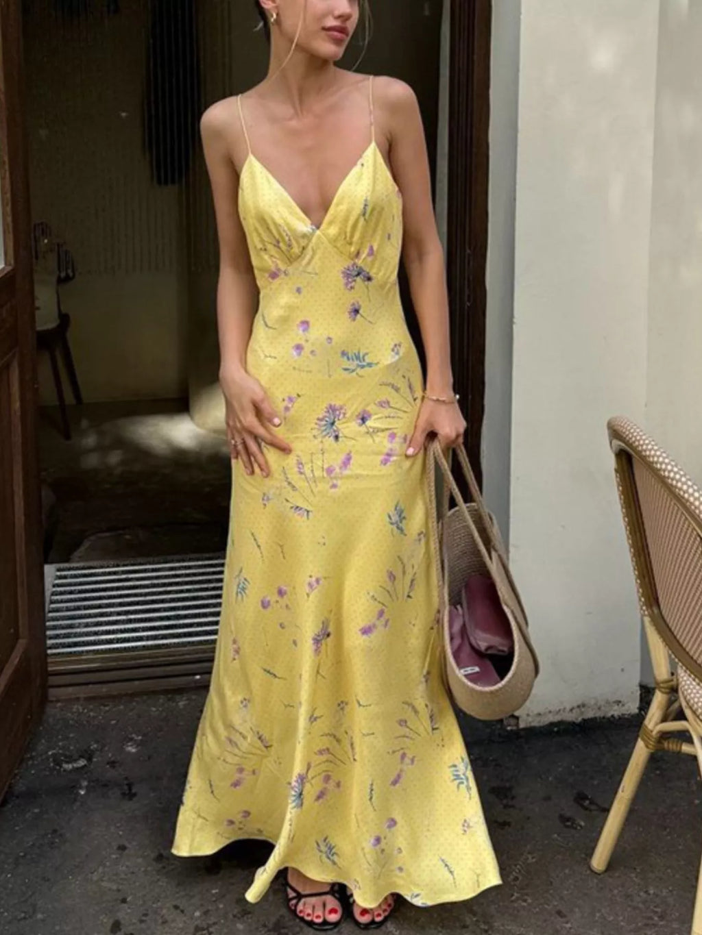 Floral spaghetti strap maxi dress front view