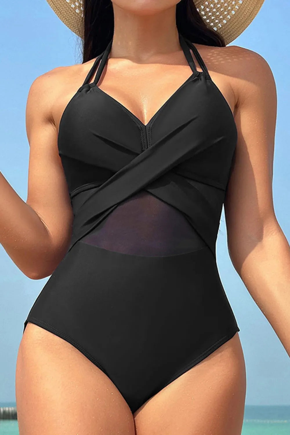 Crisscross halter neck one piece swimsuit front view