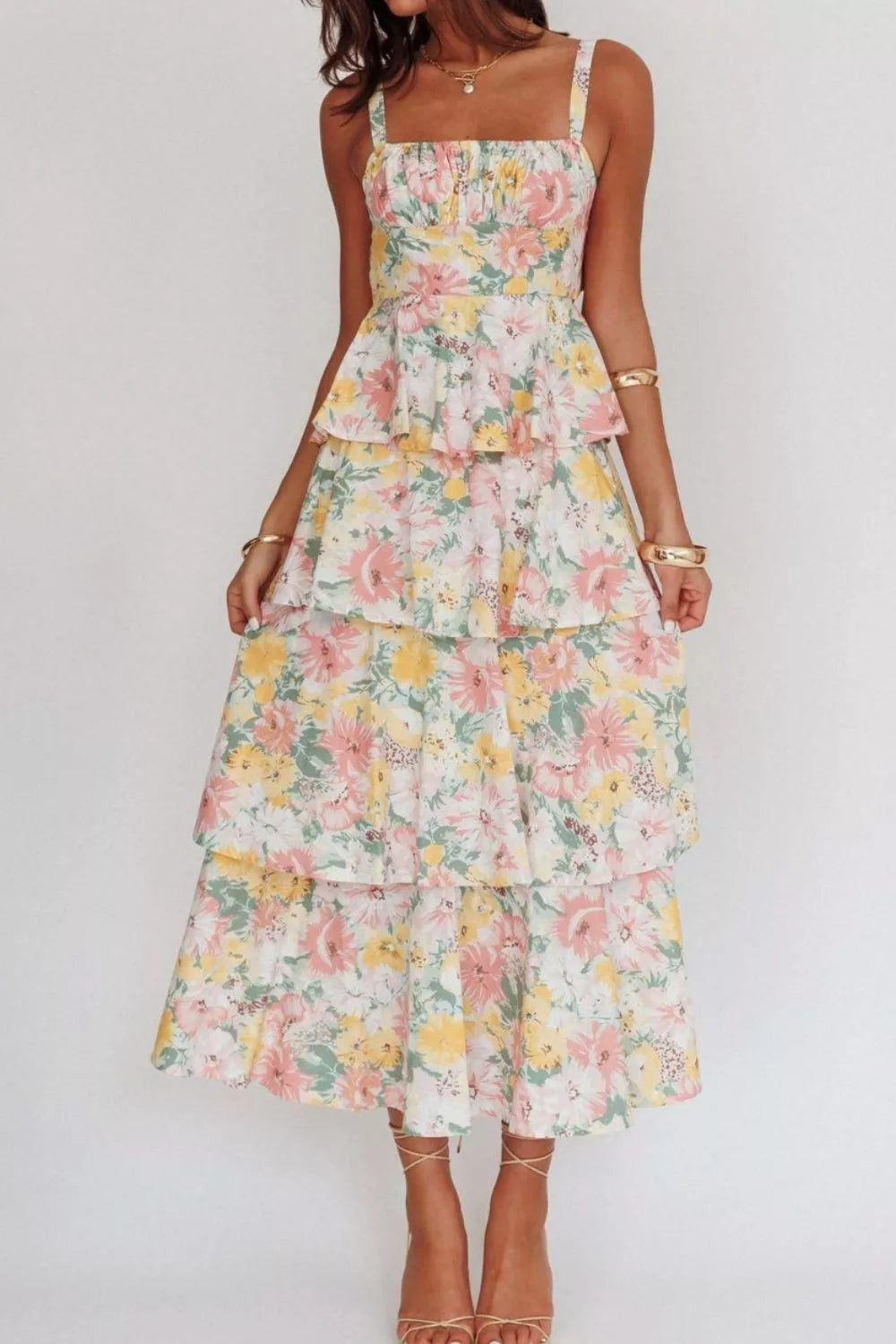 Tiered maxi dress fabric close up