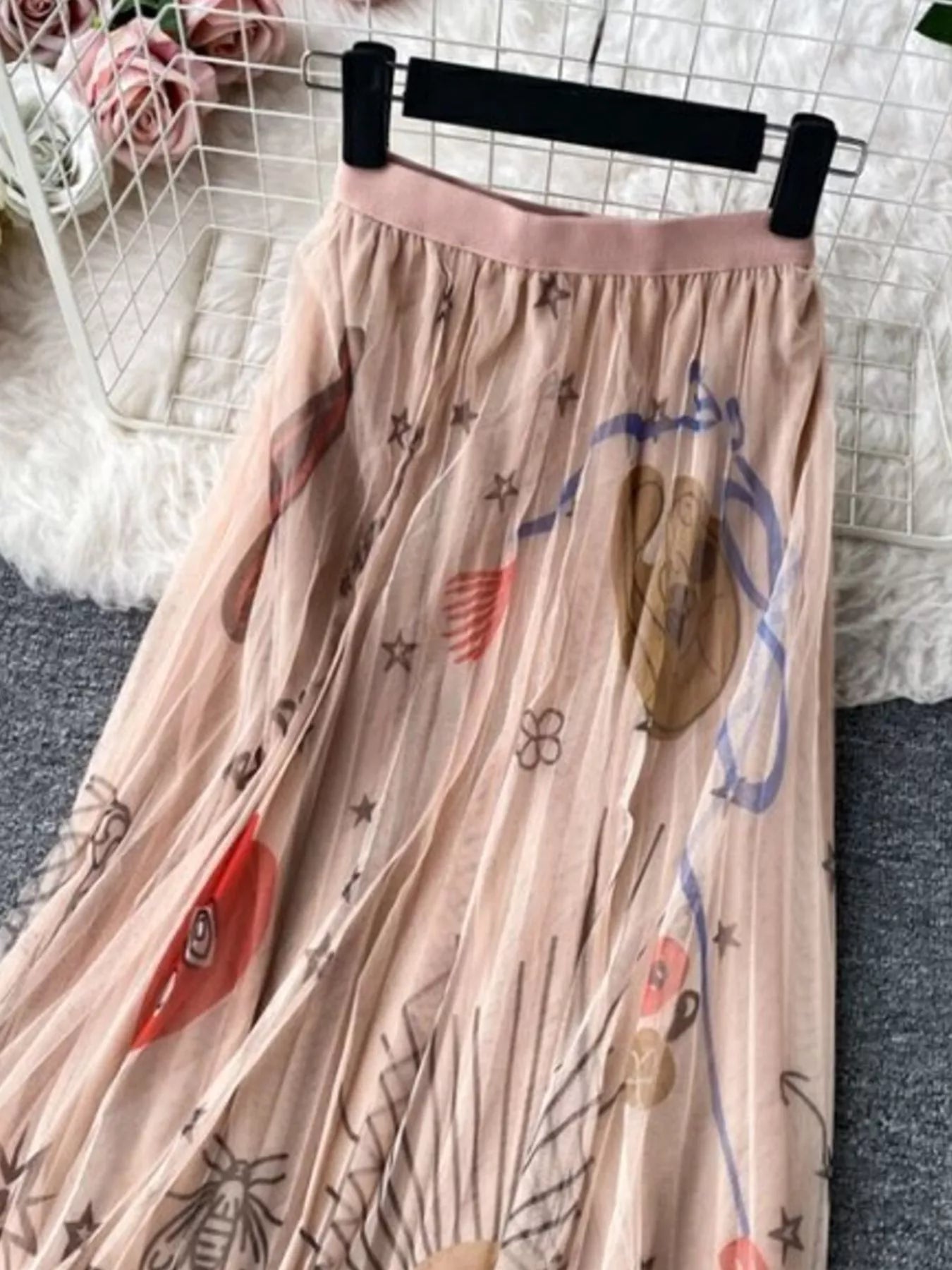 Printed tulle skirt fabric detail