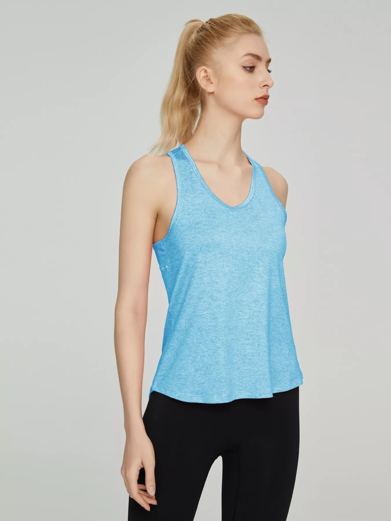 Workout tank top back detail on model